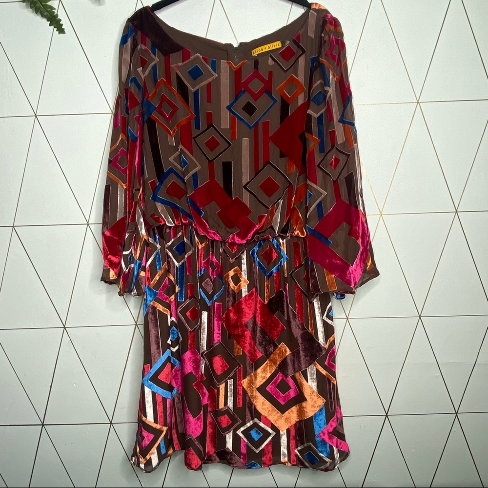Alice and Olivia Large Brown Colorful Silk Velvet Dress